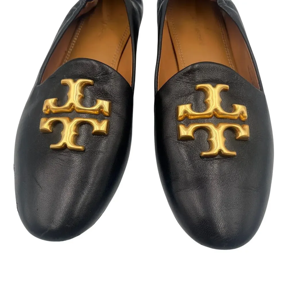 Tory Burch Loafers Flats Shoes Eleanor Double T Logo Leather Black Size 6.5M